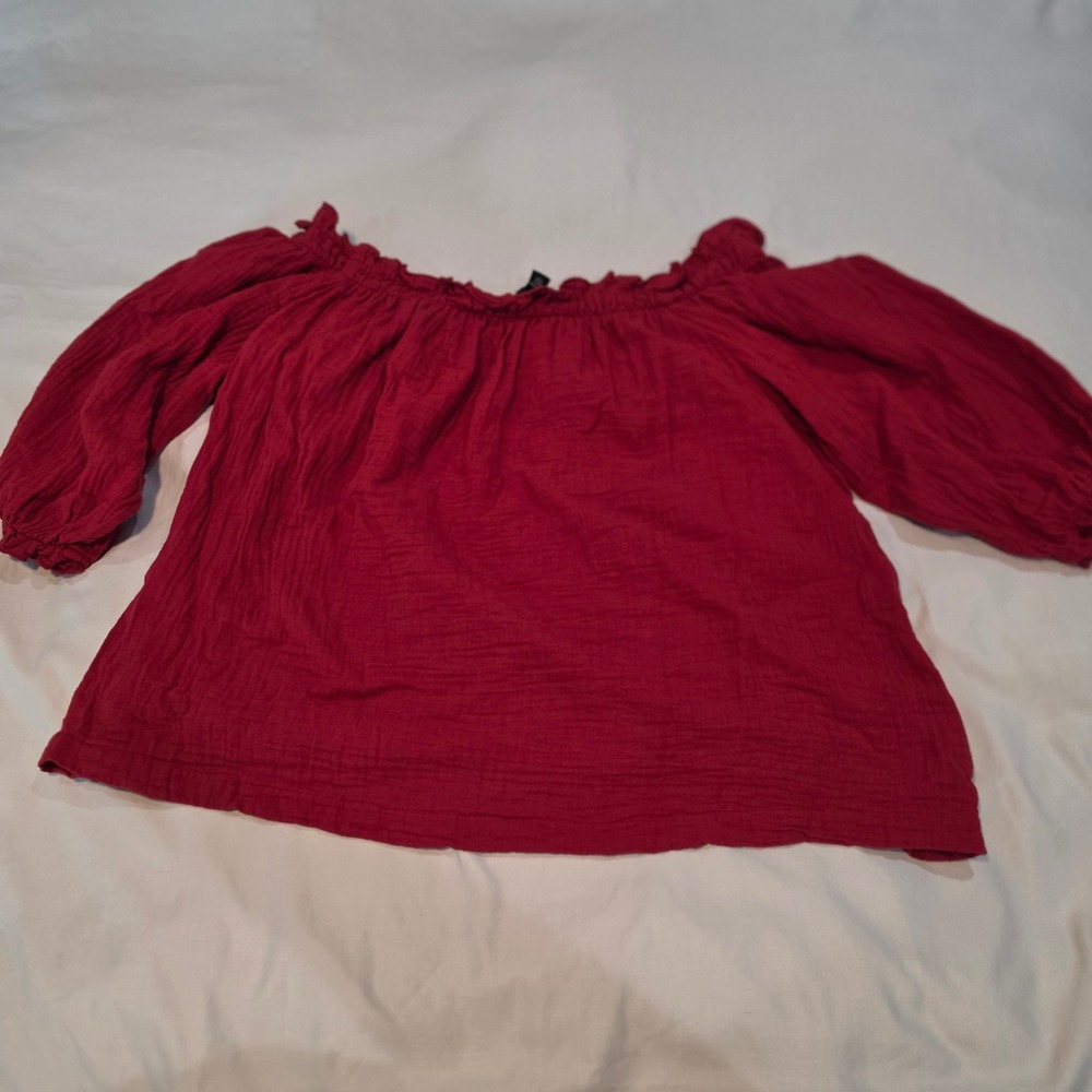 Thread Story Off The Shoulder Blouse Women Red Gauze Boho Balloon Sleeve